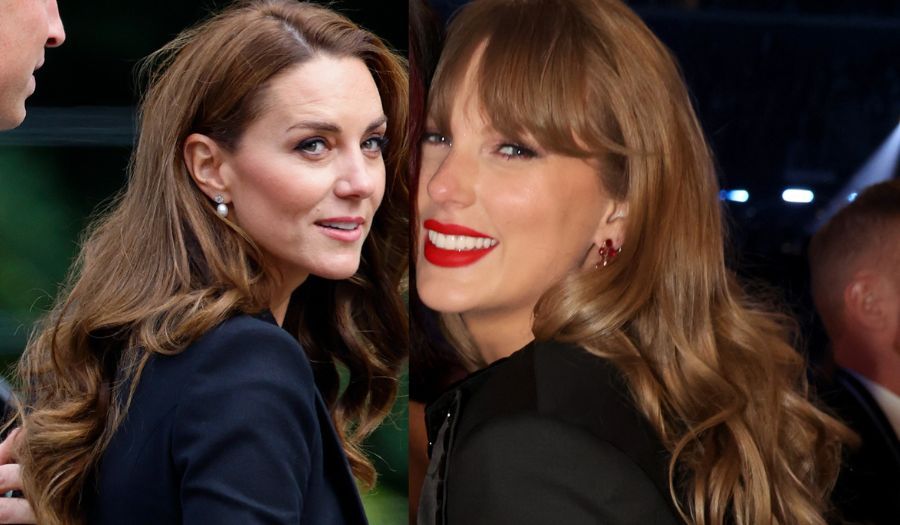 Foto layar terbelah Taylor Swift dan Putri Kate dengan rambut mereka panjang dan longgar di punggung mereka