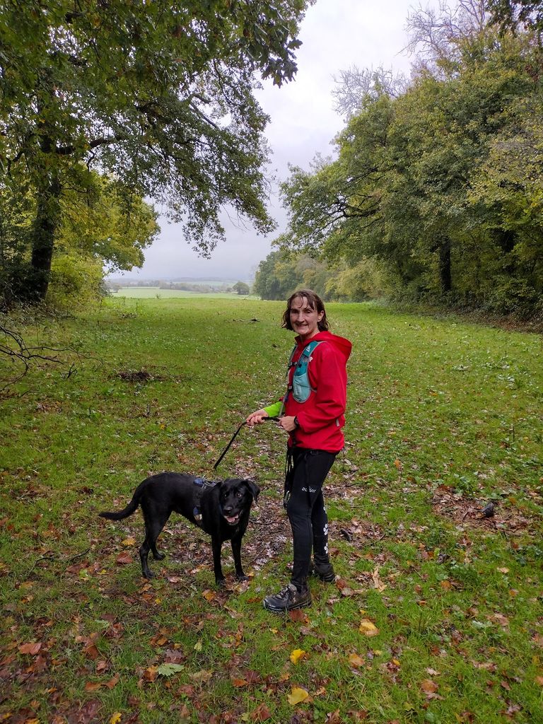 woman wearing a bright red jacket walking her dog on a tree-lined avenue 