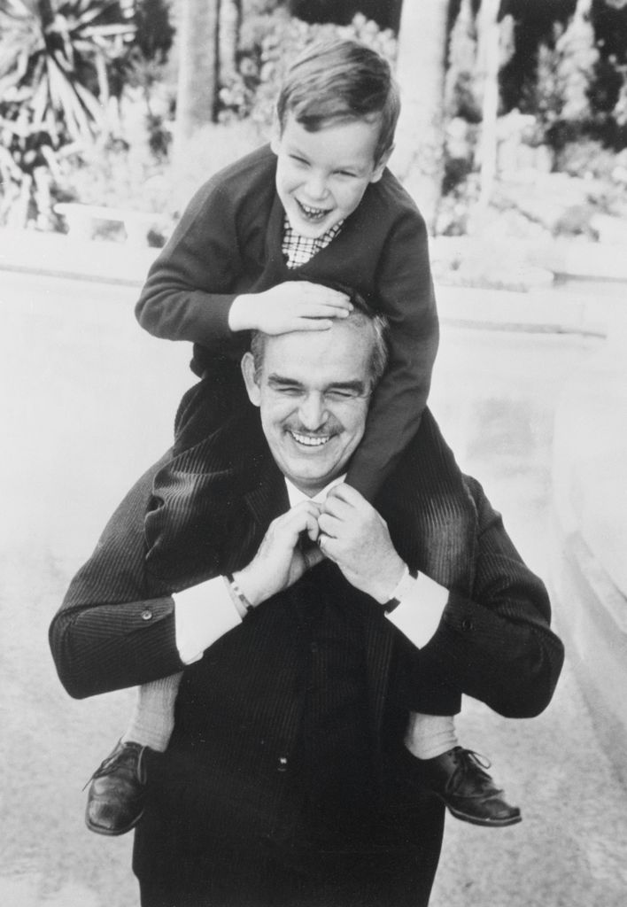 (Original Caption) Prince And Son. Monaco: Prince Rainier of Monaco and his son Albert, 7, are shown in this photo from an article in the current issue of look Magazine engaging in mounted horseplay, like any suburban father and son. Albert, whose mother is the former movie star Grace Kelly, says he'd like to be a cowboy or a soldier.