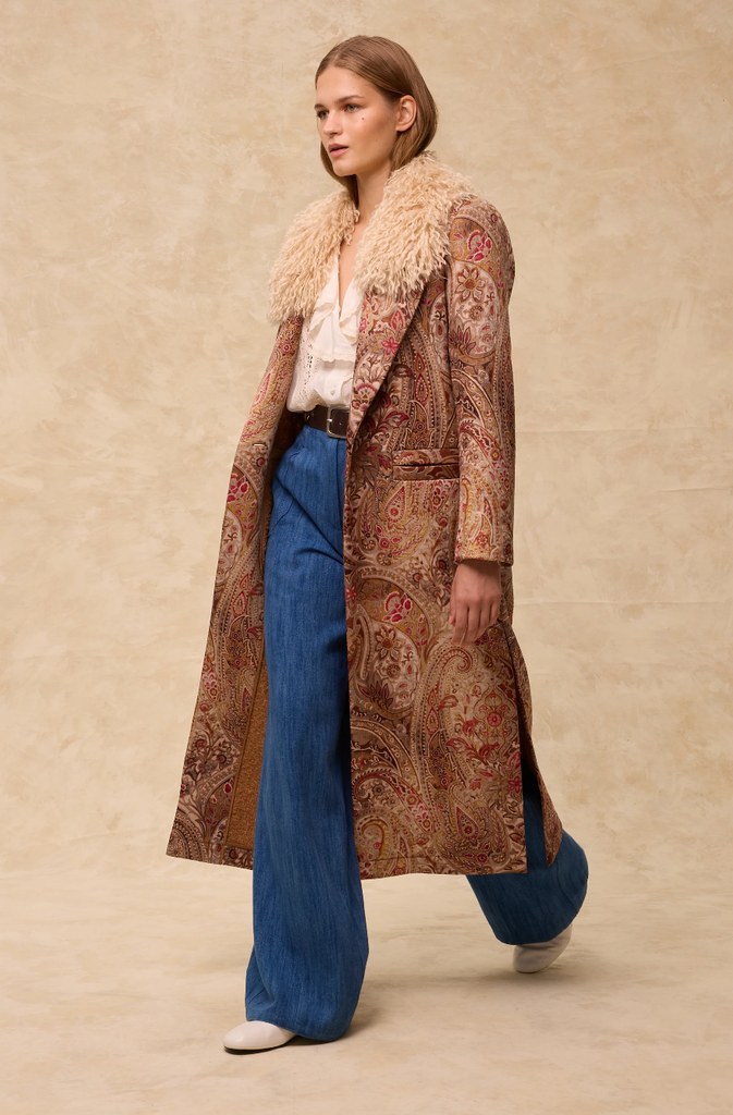Long Jacquard Coat with Faux Mongolian Fur Collar from Maksu