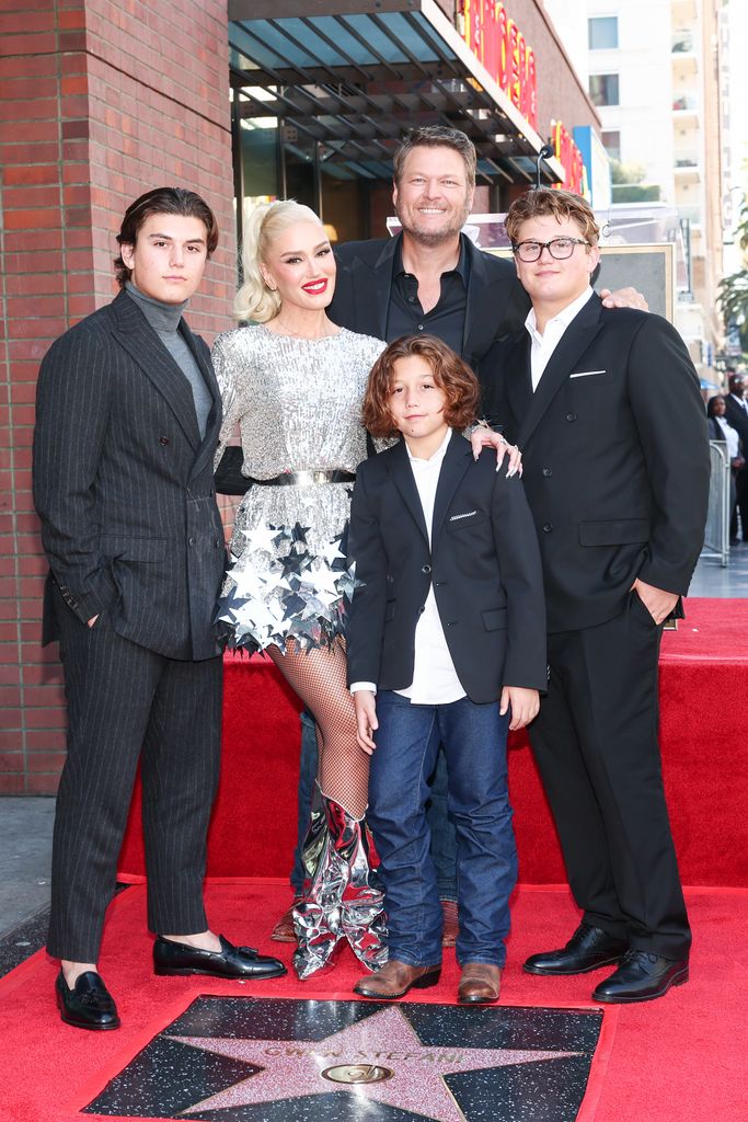 Kingston Rossdale, Gwen Stefani, Apollo Rossdale, Blake Shelton and Zuma Rossdale at the star ceremony where Gwen Stefani is honored with a star on the Hollywood Walk of Fame in Los Angeles, California on October 19, 2023.