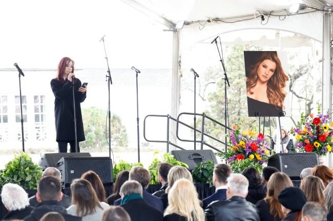 Priscilla Presley speaking at Lisa Marie Presleys funeral at Graceland