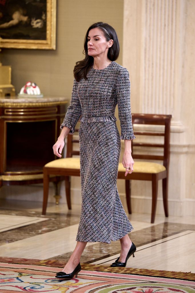 MADRID, SPAIN - JANUARY 27: Queen Letizia of Spain receives a delegation from the Management Team and Designers
participating in the 83rd edition of Mercedes Benz Fashion Week
Madrid at the Zarzuela Palace on January 27, 2026 in Madrid, Spain. (Photo by Carlos Alvarez/Getty Images)