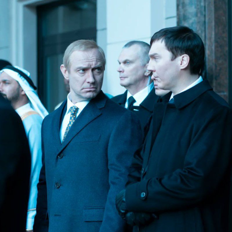 Jude Law and Paul Dano in character as Vladimir Putin and Vadim Baranov
