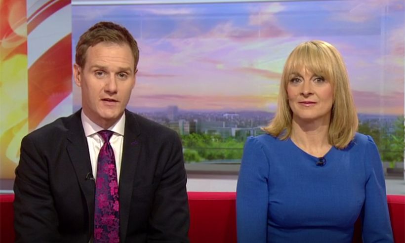 Louise Minchin wears blue as she sits on the BBC Breakfast sofa