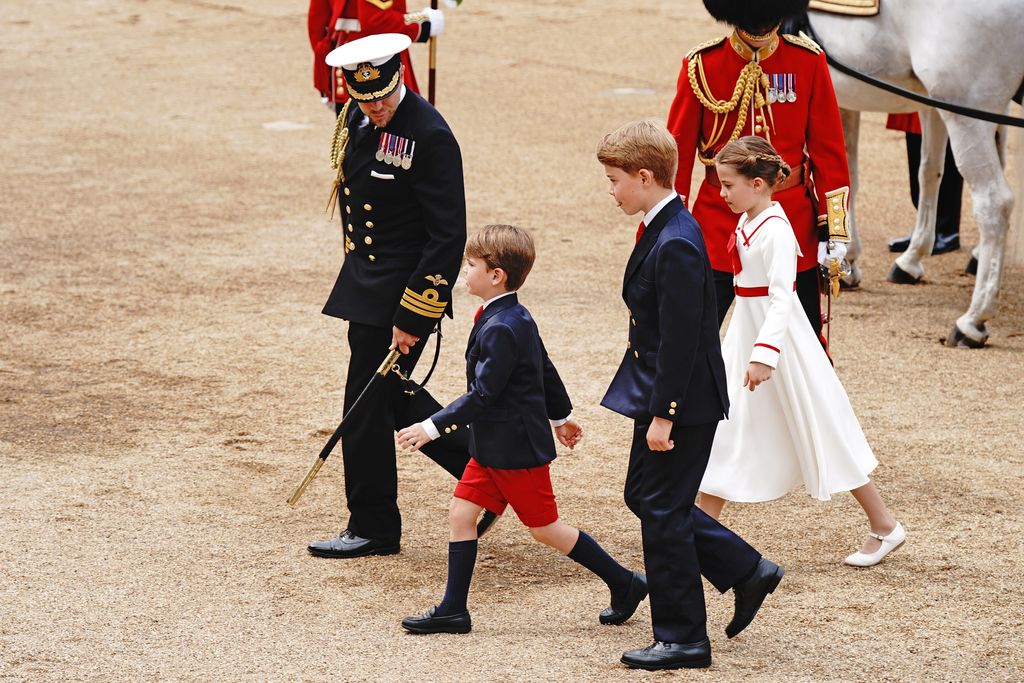 Prince Louis, Prince George and Princess Charlotte walking at the Trooping the Colour ceremony at Horse Guards Parade