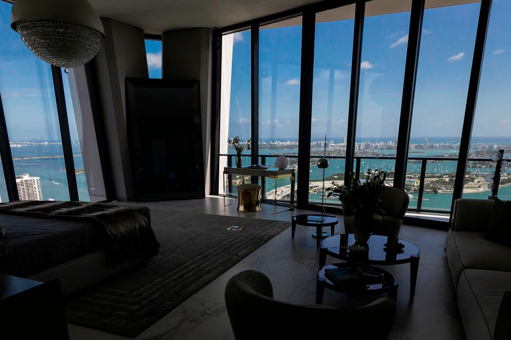 A general view of the master bedroom at one of the full-floor apartments at One Thousand Museum building in Miami