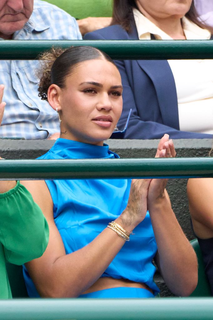 Trinity Rodman watches boyfriend Ben Shelton of the United States play against Lorenzo Sonego of Italy in the Gentlemen's Singles fourth round match on Number One Court on day eight of The Championships Wimbledon 2025 at All England Lawn Tennis and Croquet Club on July 7, 2025 in London, England