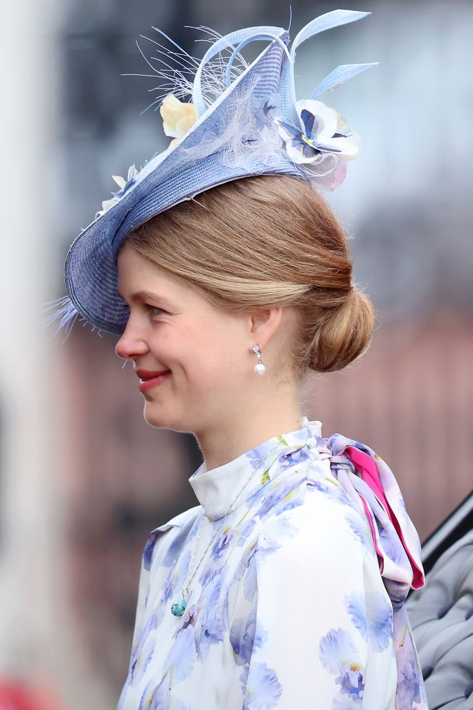 Lady Louise Windsor side profile in blue hat