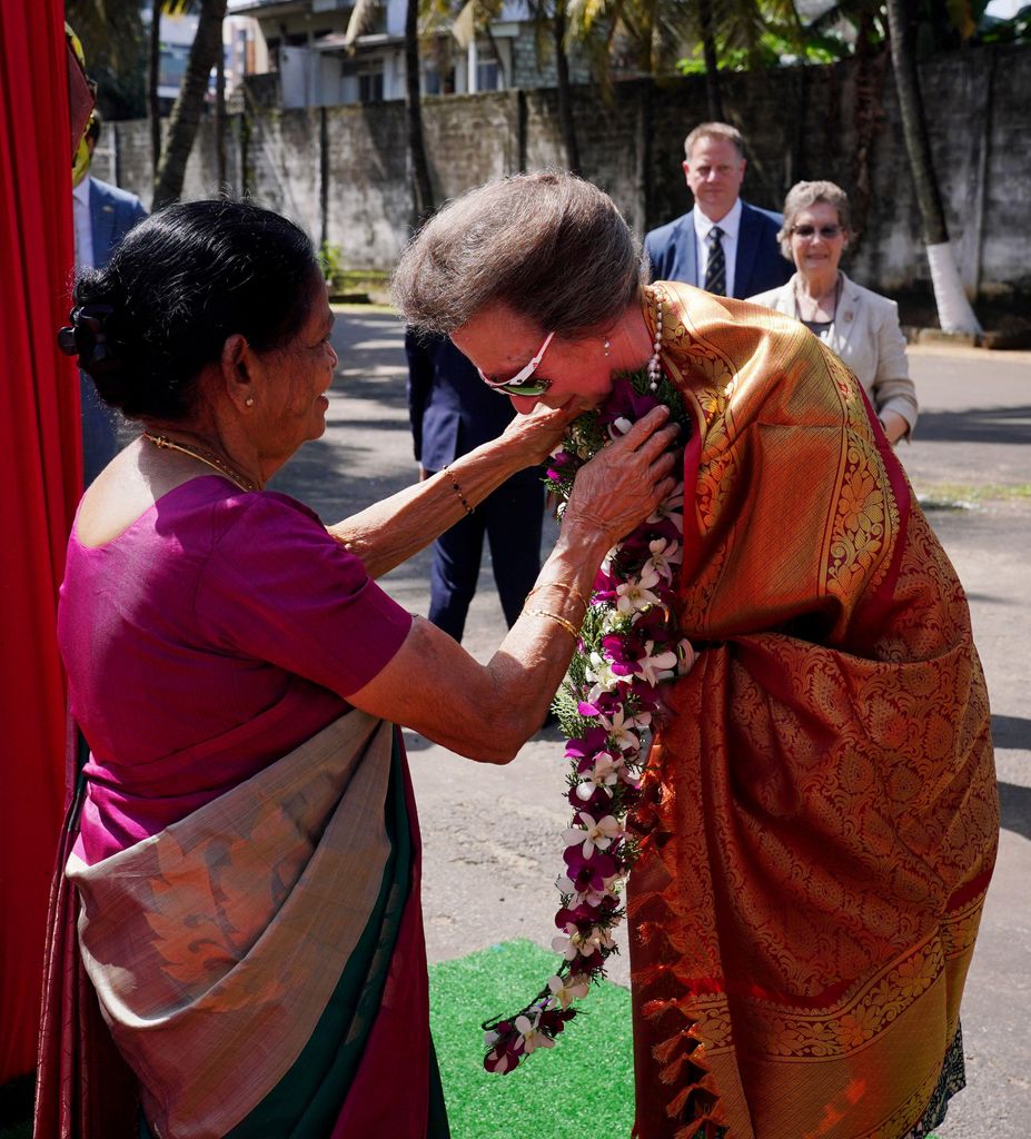 he Princess Royal was presented with a garland upon her arrival to visit to Vajira Pillayar Kovil Hindu temple
