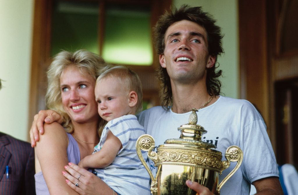 Pat Cash with his baby son and Norwegian girlfriend Anne-Britt Kristiansen at Wimbledon