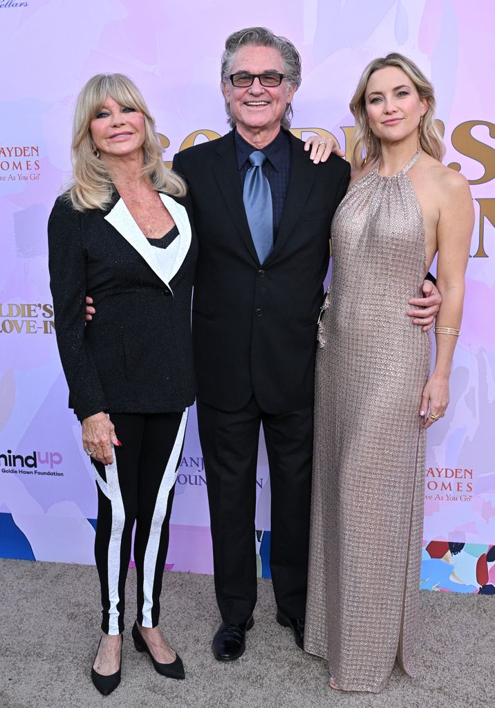 Goldie Hawn, Kurt Russell and Kate Hudson attend the 20th anniversary celebration of the Goldie Hawn Foundation and MindUP Gala at Ron Burkleâs Greenacres on September 27, 2024 in Beverly Hills, California.