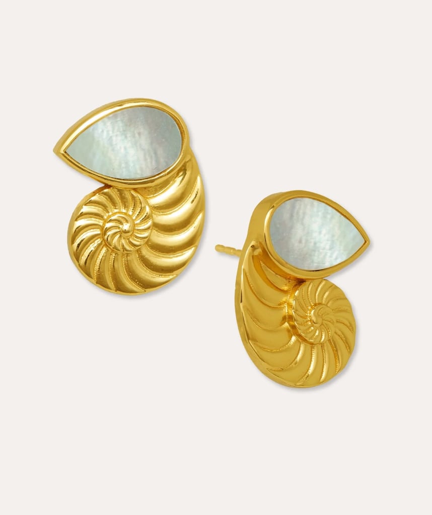 gold shell earrings with pearl tear drop accents
