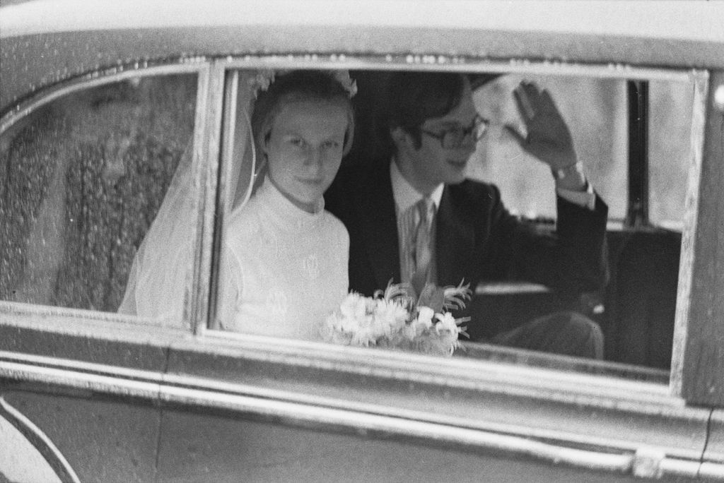 The Duchess of Gloucester and Duke of Gloucester in a car on their wedding day