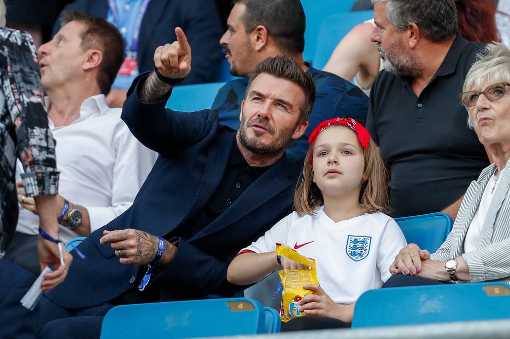 David Beckham and his daughter Harper Beckham enjoy the atmosphere during the 2019 FIFA Women's World Cup France Quarter Final match between Norway and England