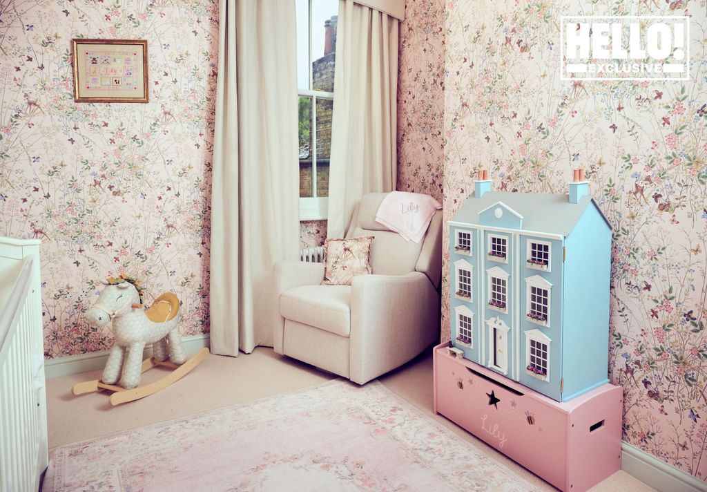 Lily's bedroom features a gorgeous wallpaper by Sanderson, a chair by il Tutto, a rocking horse by Laura Ashley - Mamas & Papas, toy box by My 1st Years and furniture by Mamas & Papas