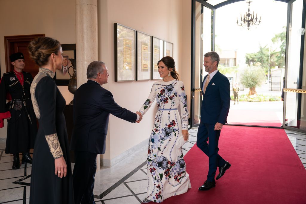 Frederik and Mary of Denmark being met King Abdullah II bin al-Hoessein and Queen Rania
