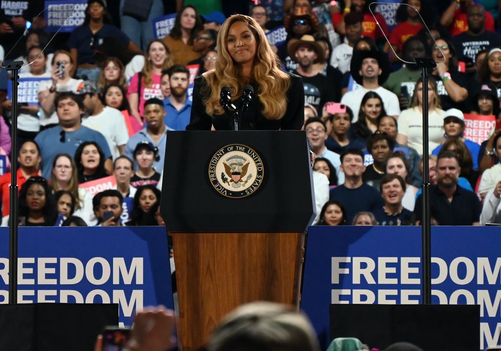 Beyonce delivers remarks at a campaign rally in support of US Vice President and Democratic presidential nominee Kamala Harris on 'Reproductive Freedom' at Shell Energy Stadium in Houston, Texas, United States on October 25, 2024.