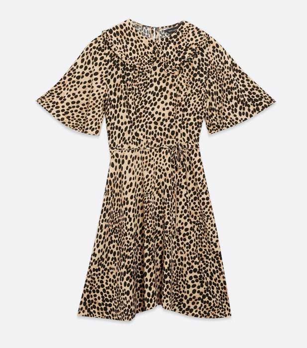 brown leopard print frill collar tie back mini dress