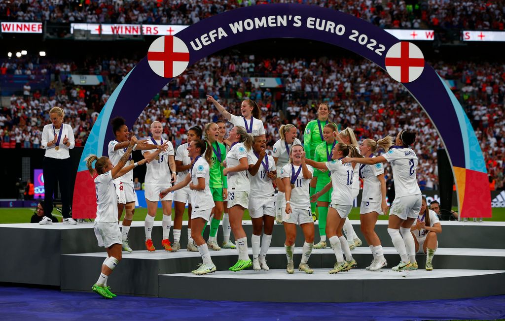 England players celebrate the victory during the UEFA Women's Euro England 2022 final match between England and Germany at Wembley Stadium on July 31, 2022 in London