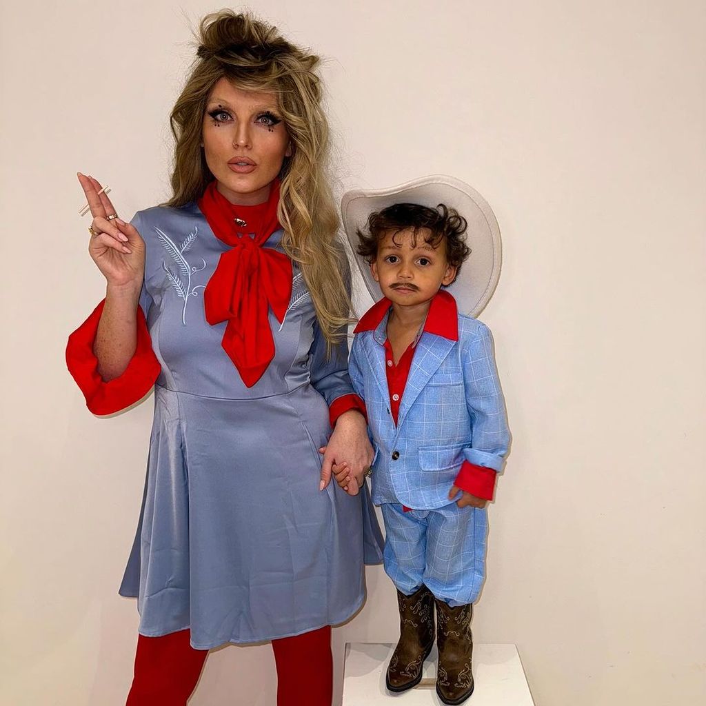 Perrie Edwards in a blue Halloween dress with her son 