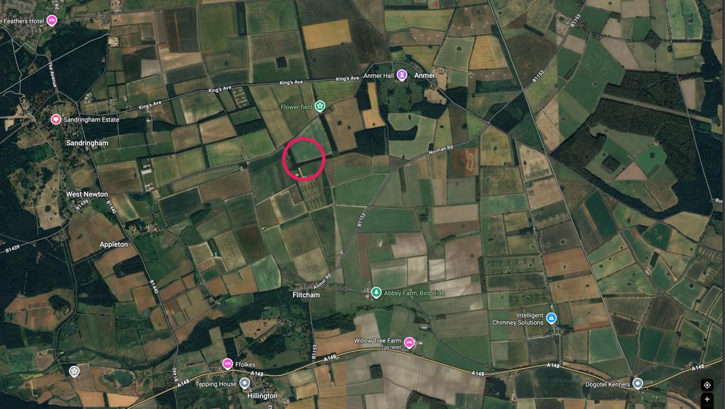 Red circle shows the location of King Charles' new slurry lagoon that he is planning to build, less than a kilometre away from Prince William and Kate's country home Anmer Hall