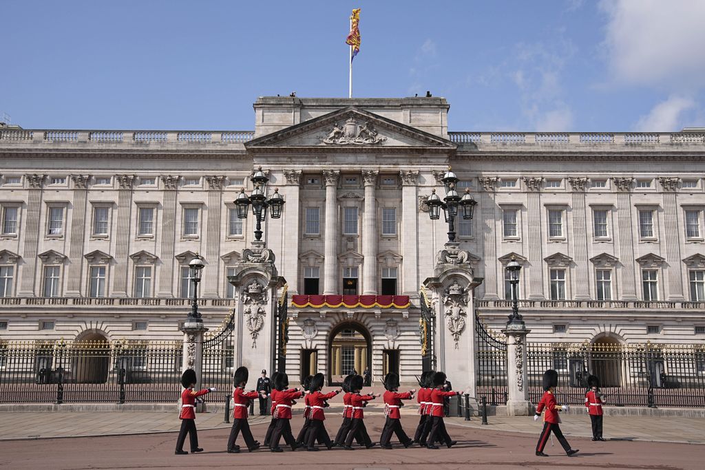 Members of the Foot Guards outside Buckingham Palace ahead of Trooping the Colour ceremony