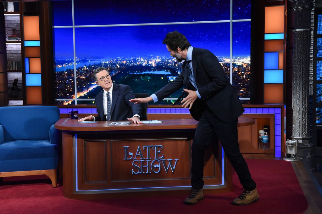 The Late Show with Stephen Colbert and guest Keanu Reeves during Monday's July 22, 2024 show.