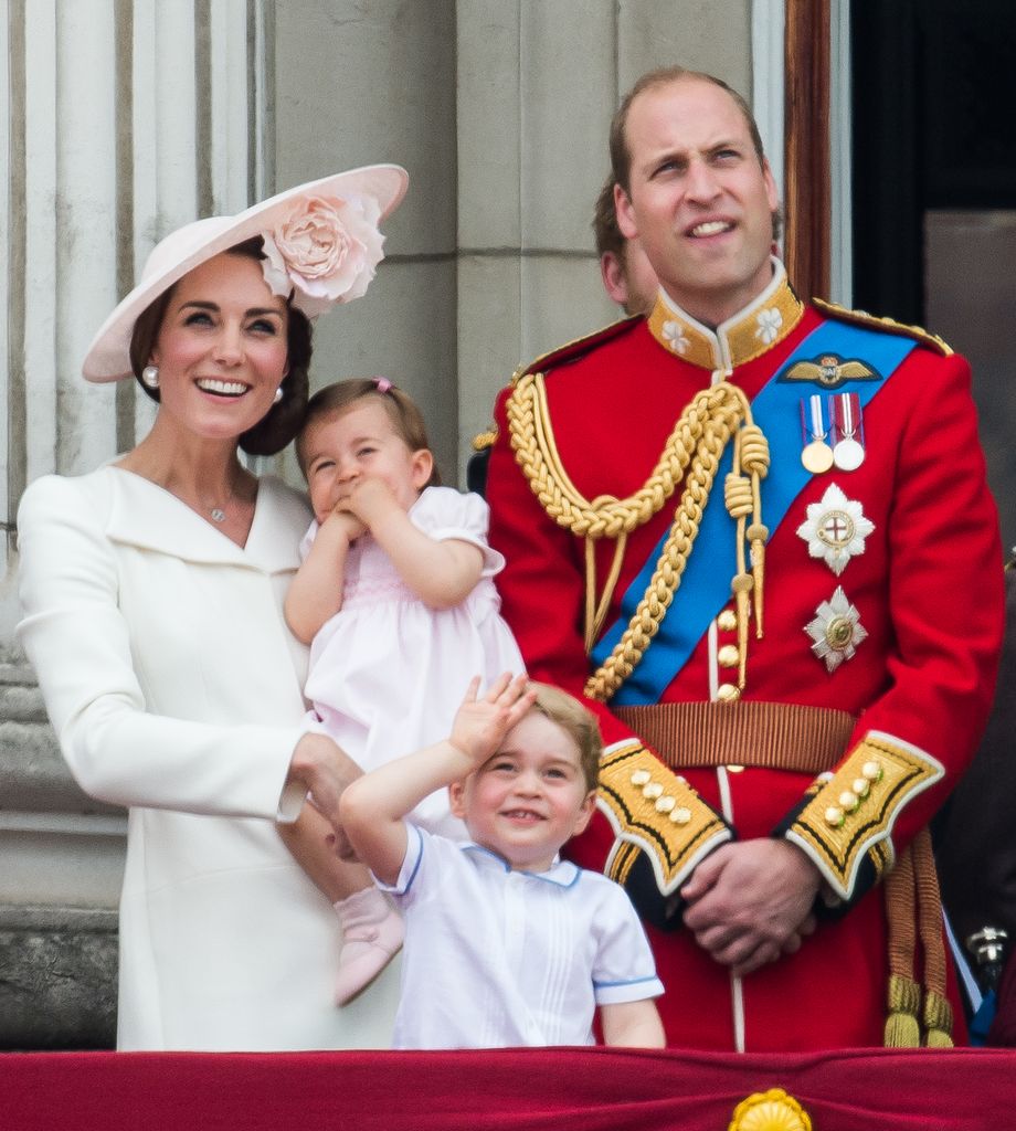 atherine, Duchess of Cambridge, Princess Charlotte, Prince George, Prince William, Duke of Cambridge stand on the balcony for Trooping The Colour