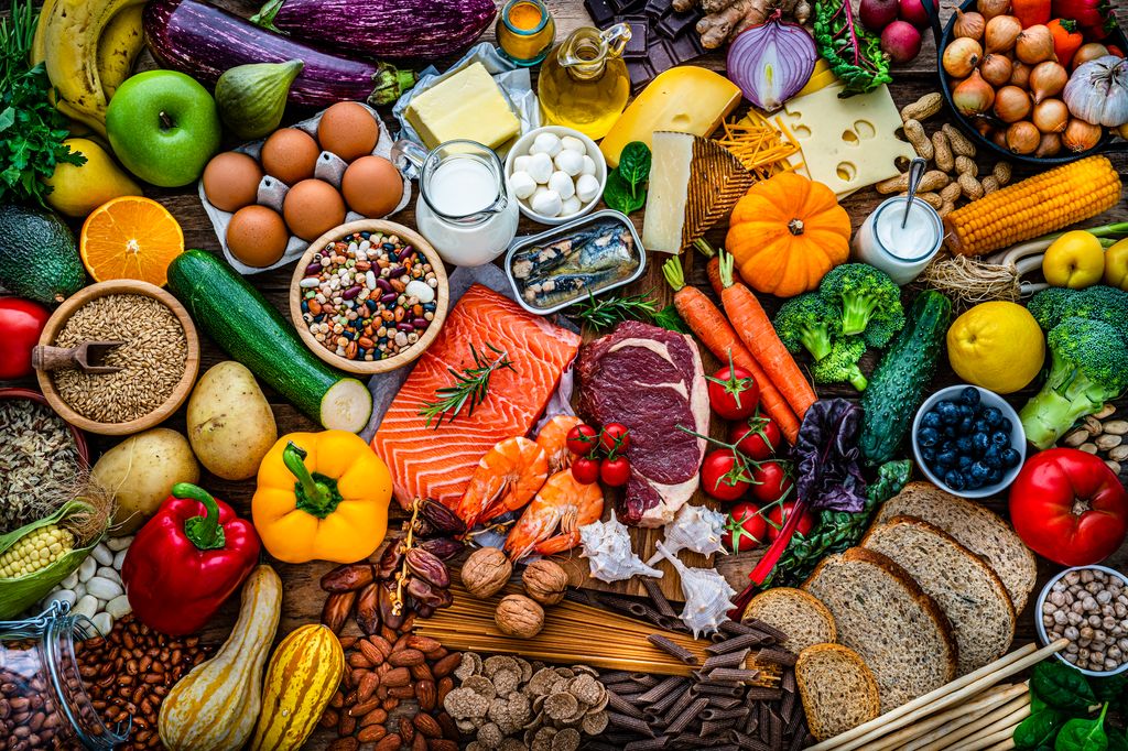 fish, meat and veg flat lay