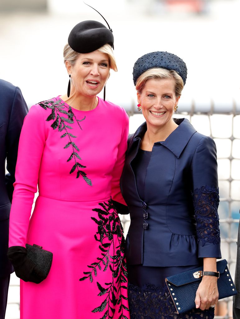 LONDON, UNITED KINGDOM - OCTOBER 24: (EMBARGOED FOR PUBLICATION IN UK NEWSPAPERS UNTIL 24 HOURS AFTER CREATE DATE AND TIME) Queen Maxima of the Netherlands and Sophie, Countess of Wessex visit HNLMS Zeeland (A Holland-class offshore patrol vessel of the Royal Netherlands Navy, moored alongside HMS Belfast on the River Thames) to watch an on-the-water capability demonstration by the Royal Marines and the Royal Netherlands Marine Corps on day two of the Dutch State Visit to the UK on October 24, 2018 in London, United Kingdom. King Willem-Alexander of the Netherlands accompanied by Queen Maxima are staying at Buckingham Palace during their two day stay in the UK. The last State Visit from the Netherlands was by Queen Beatrix and Prince Claus in 1982.  (Photo by Max Mumby/Indigo/Getty Images)