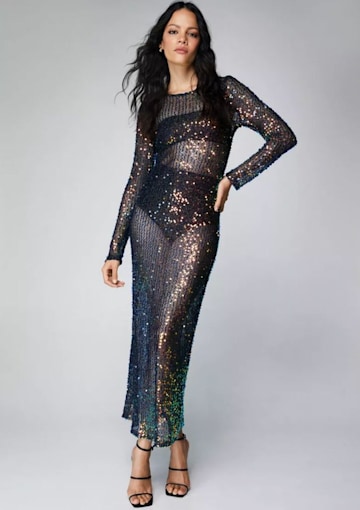 Sequin Sheer Long Sleeve Maxi Dress