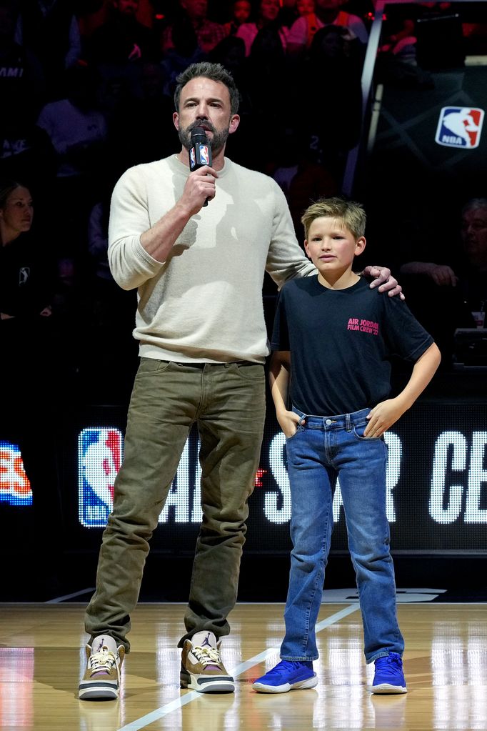 Ben Affleck and son Samuel speak at the Ruffles Celebrity Game during the 2023 NBA All-Star Weekend