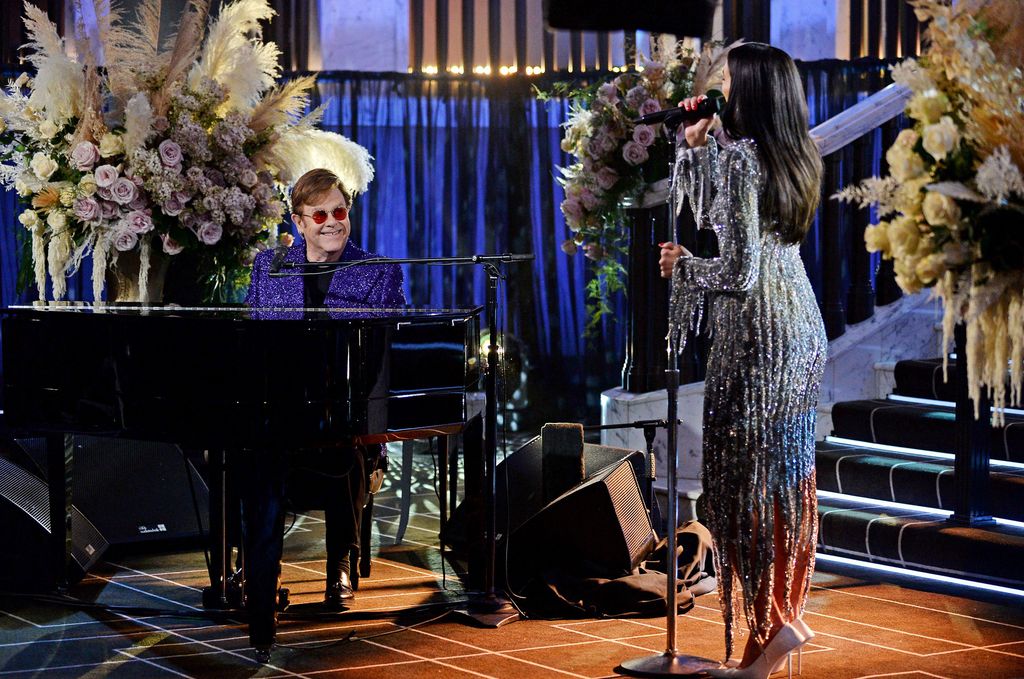 Sir Elton John and Dua Lipa perform during the 29th Annual Elton John AIDS Foundation Academy Awards Viewing Party on April 25, 2021