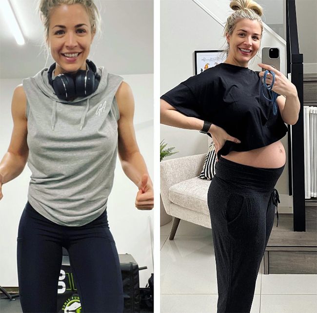 Side by side photos of Gemma Atkinson in workout gear next to her being pregnant