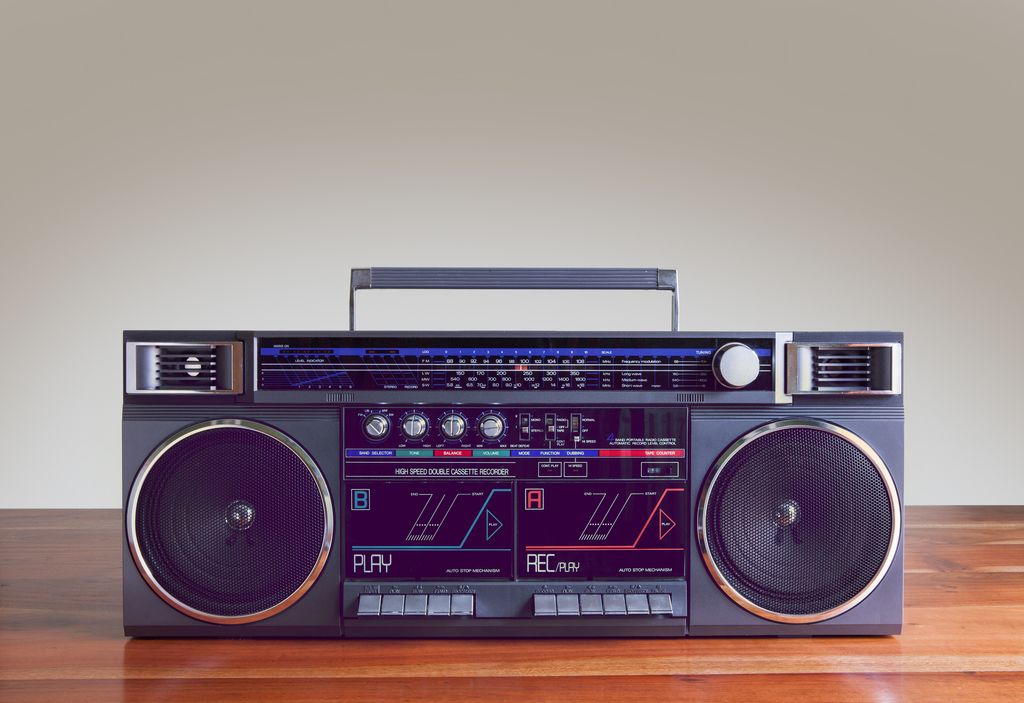 Front view of ghetto blaster on wooden table