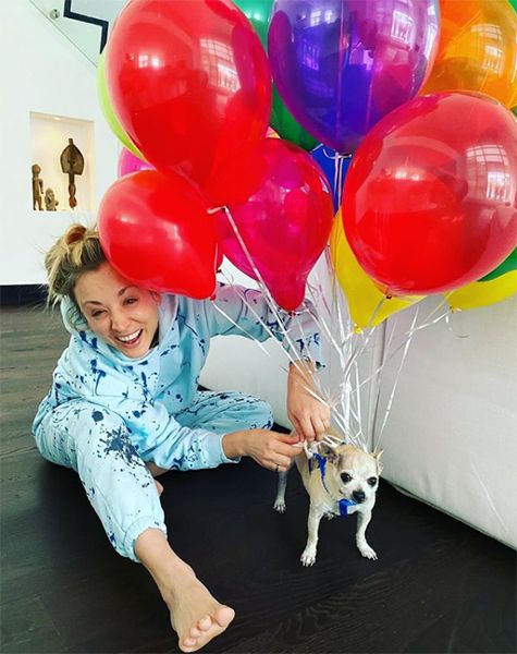 kaley cuoco birthday dog with balloons