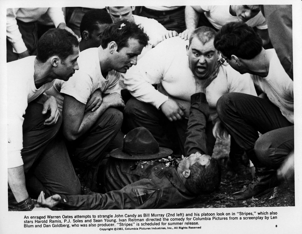 Actors Warren Oates, Bill Murray and John Candy in a scene from the 1981 film Stripes