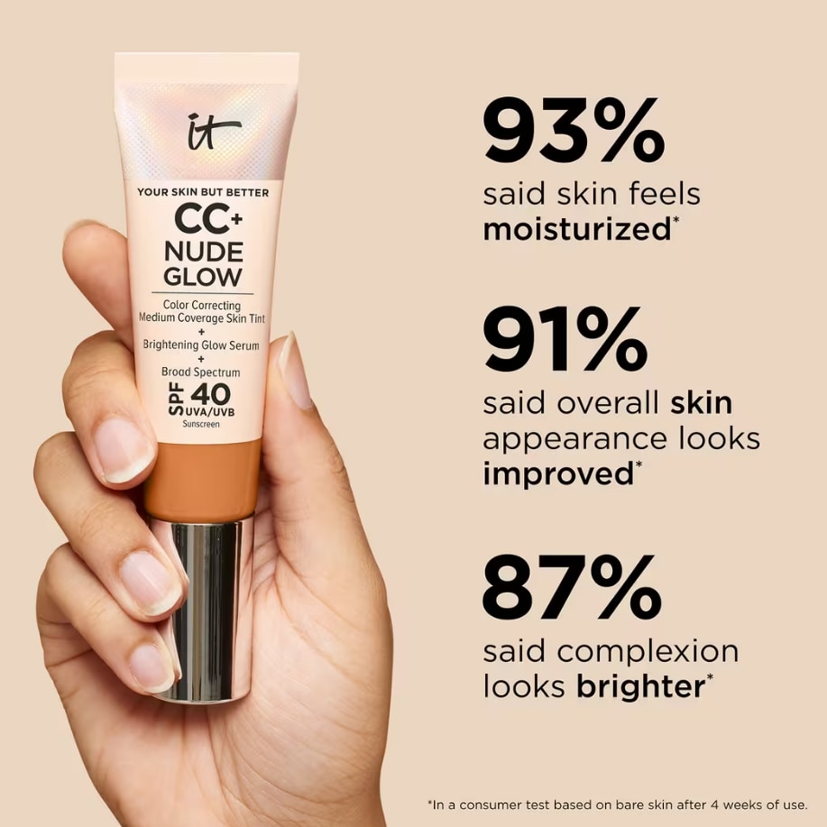 It Cosmetics’ top-rated CC+ Nude Glow Lightweight Foundation + Glow Serum with SPF 40