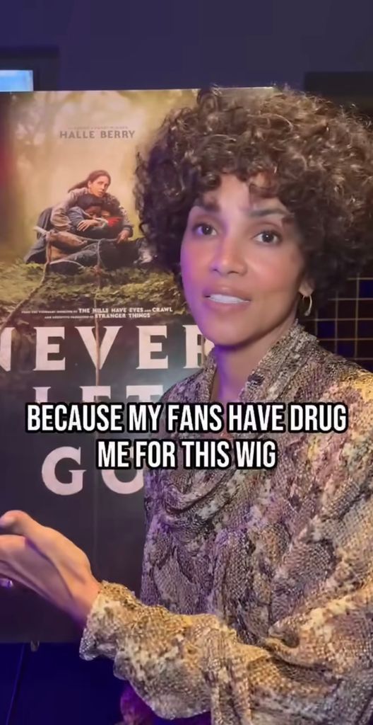 Halle Berry wears her wig from "The Call" for a wig screening of her movie "Never Let Go," taken from a video shared on Instagram