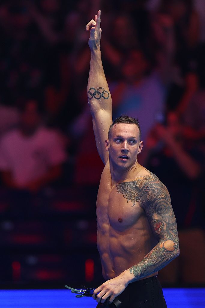 Caeleb Dressel of the United States reacts after winning the Men's 100m butterfly final on Day Eight of the 2024 U.S. Olympic Team Swimming Trials at Lucas Oil Stadium on June 22, 2024 in Indianapolis, Indiana. (Photo by Sarah Stier/Getty Images)