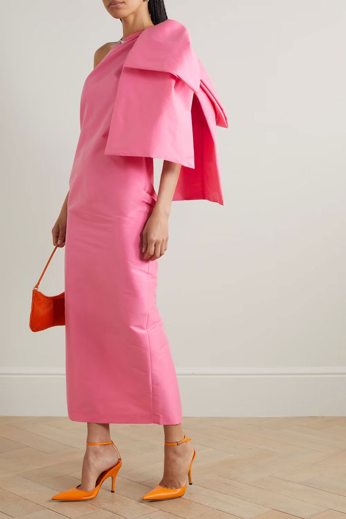 BERNADETTE Josselin one-shoulder bow-detailed taffeta midi dress