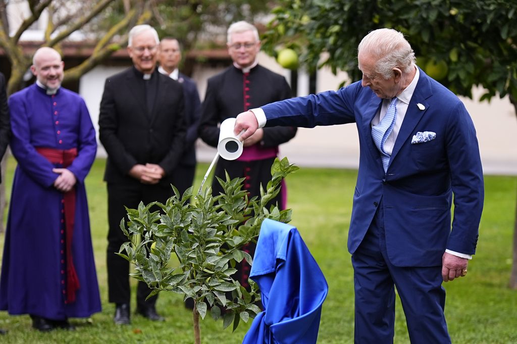 The King waters an orange tree, planted to mark the royal visit, at a garden reception at the Pontifical Beda College