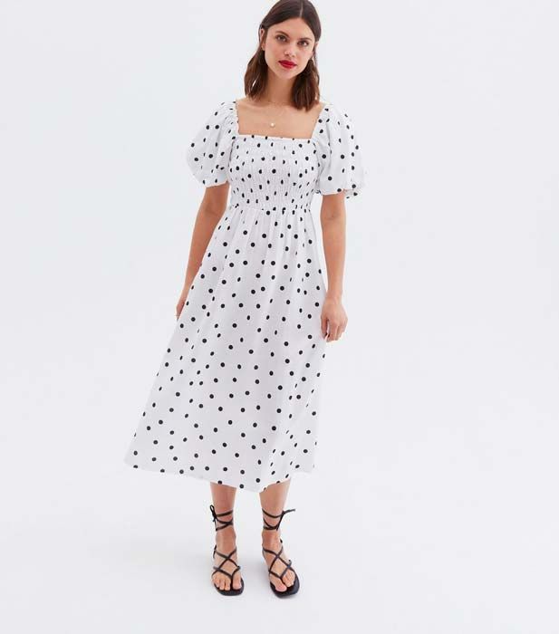 white polka dot dress new look shirred