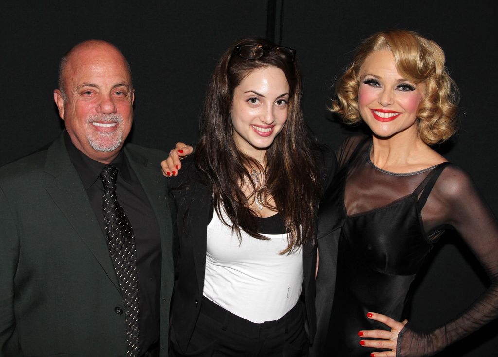 Billy Joel, Alexa Ray Joel and Christie Brinkley pose backstage at the long running hit musical "Chicago" on Broadway at The Ambassador Theater on June 11, 2011 in New York City