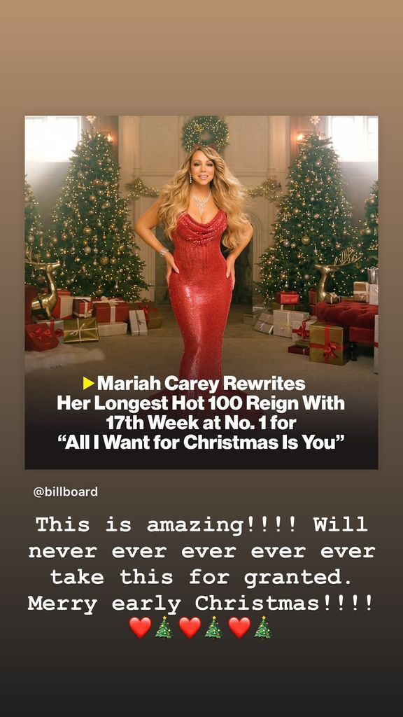 Instagram grab of Mariah Carey sharing news of record-breaking achievement