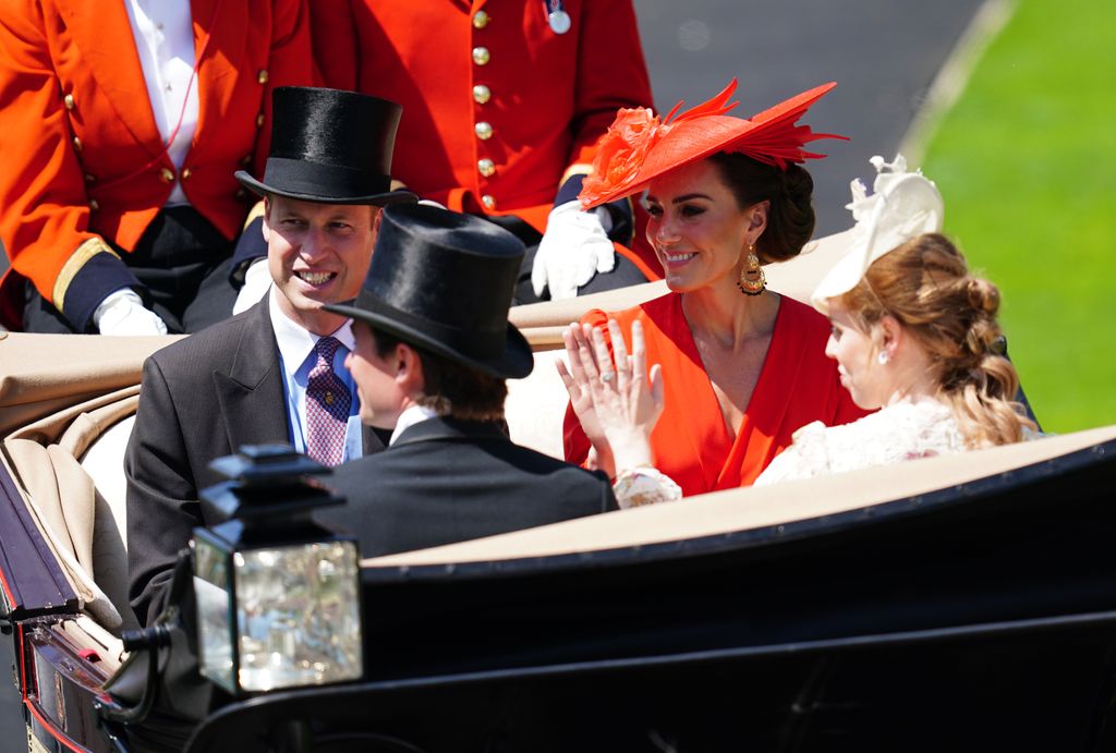 Princess Kate, Prince William, Edoardo Mapelli Mozzi and Princess Beatrice riding in a carriage on day four of Royal Ascot 