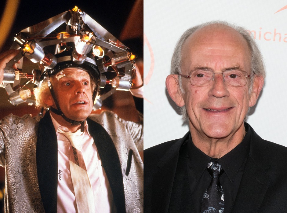 Image partagée de Christopher Lloyd dans le rôle du Dr Brown dans Retour vers le futur et une photo de presse d'aujourd'hui.