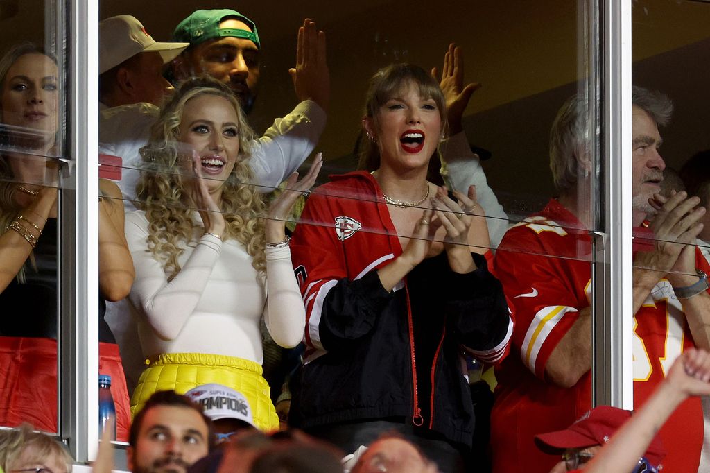 Taylor Swift celebrates a touchdown by the Kansas City Chiefs against the Denver Broncos 