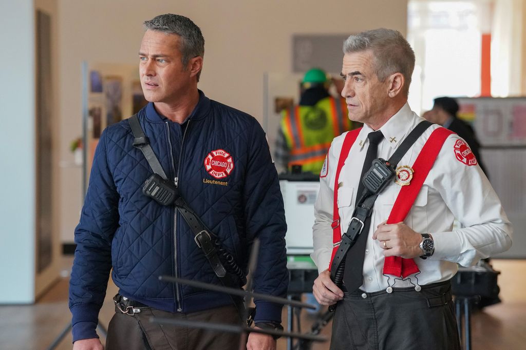 Taylor Kinney as Kelly Severide, Dermot Mulroney as Chief Dom Pascal on Chicago PD season 12